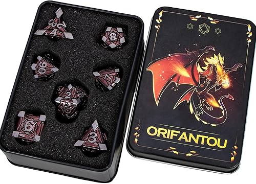 Miniatura 6 de Juego de 7 dados de metal para DND con caja, dados D20 D12 D10 D8 D8 D6 D4 de color rojo para juegos de mesa D&D