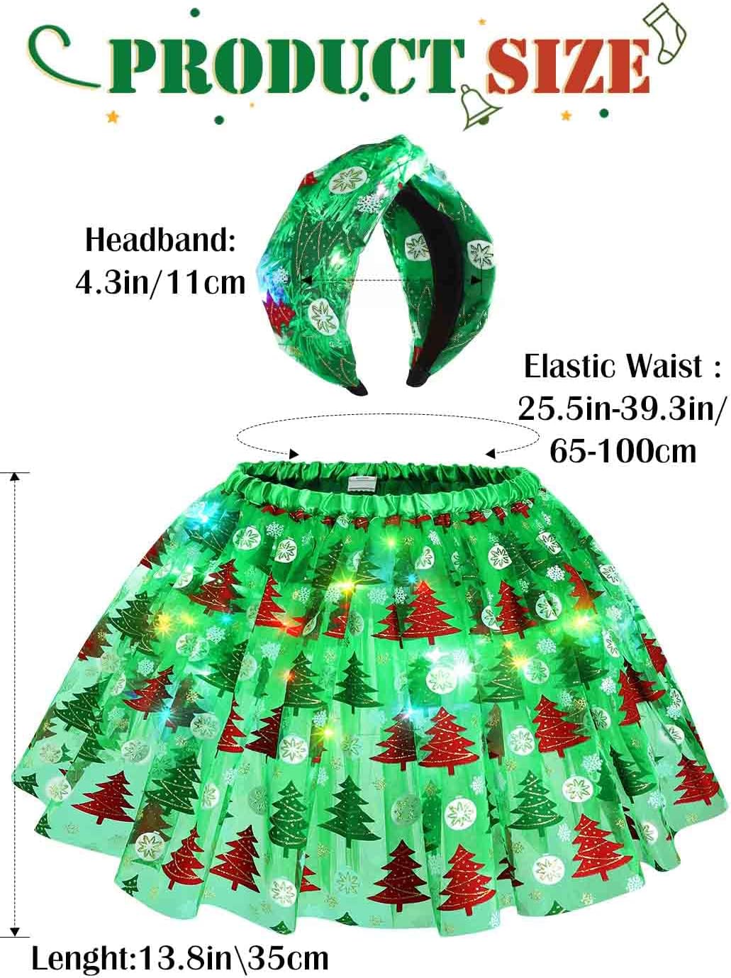 TWINKLEDE Light Up Christmas Tutu Skirt Red Green Tutus LED Headband Xmas Costumes Skirt for Women