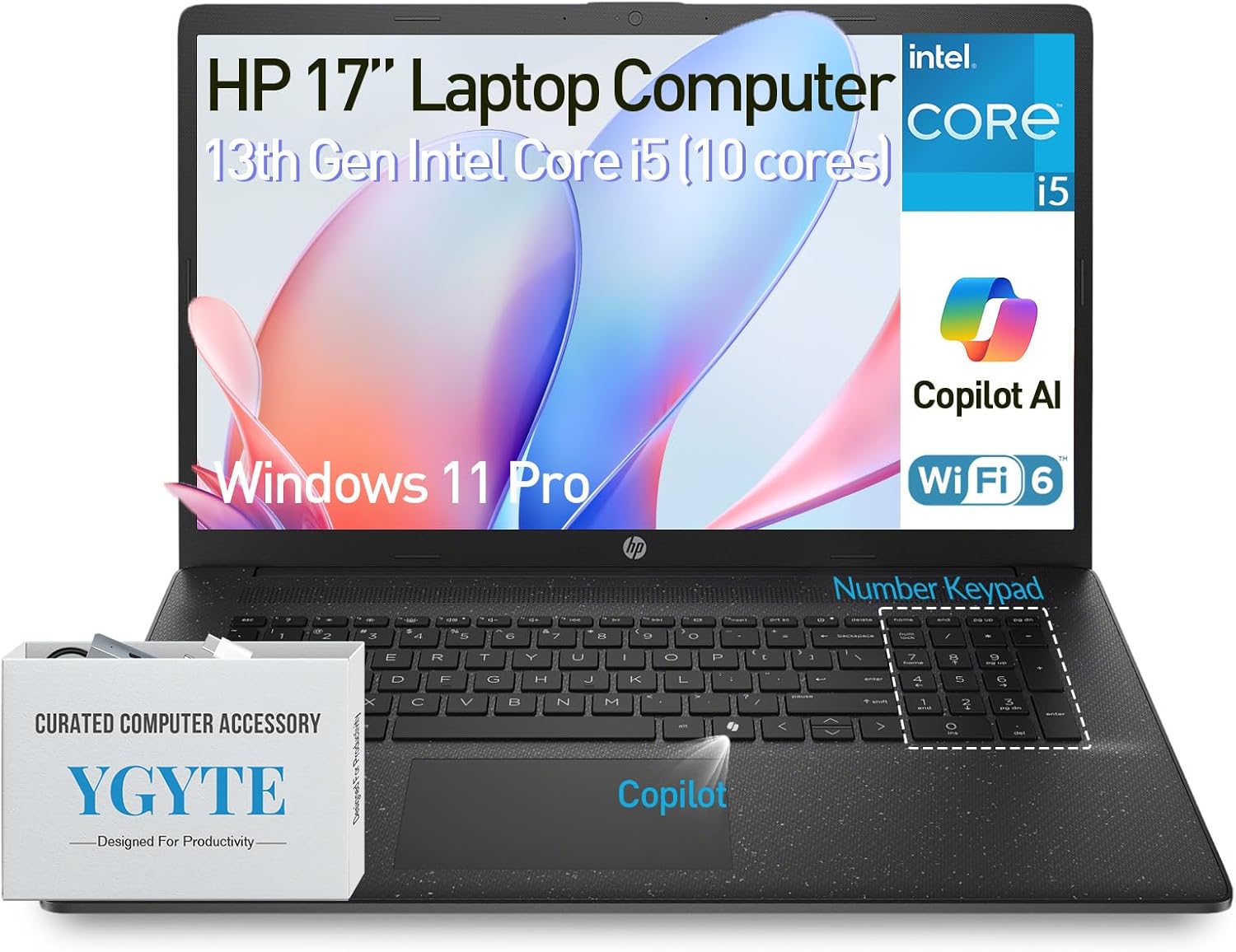 HP 17 Laptop Computer, 17.3 inch FHD IPS Large Screen Laptop PC, Intel Core i5 (13th Gen, 10-cores), Windows 11 Pro, 64GB RAM 2TB SSD, 10-Key Number Pad, Black