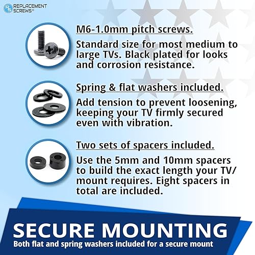 Miniatura 3 de ReplacementScrews Tornillos de montaje en pared para TV M6 de 1.181 in - Kit de accesorios de montaje universal métrico M6 - Incluye arandelas y