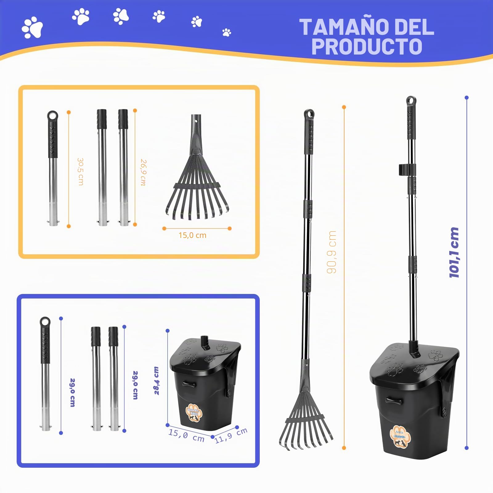 Kit Recogedor de Excrementos para Perros con Cubo Giratorio, Rastrillo y 20 Bolsas – Mango Largo para Jardín y Exterior