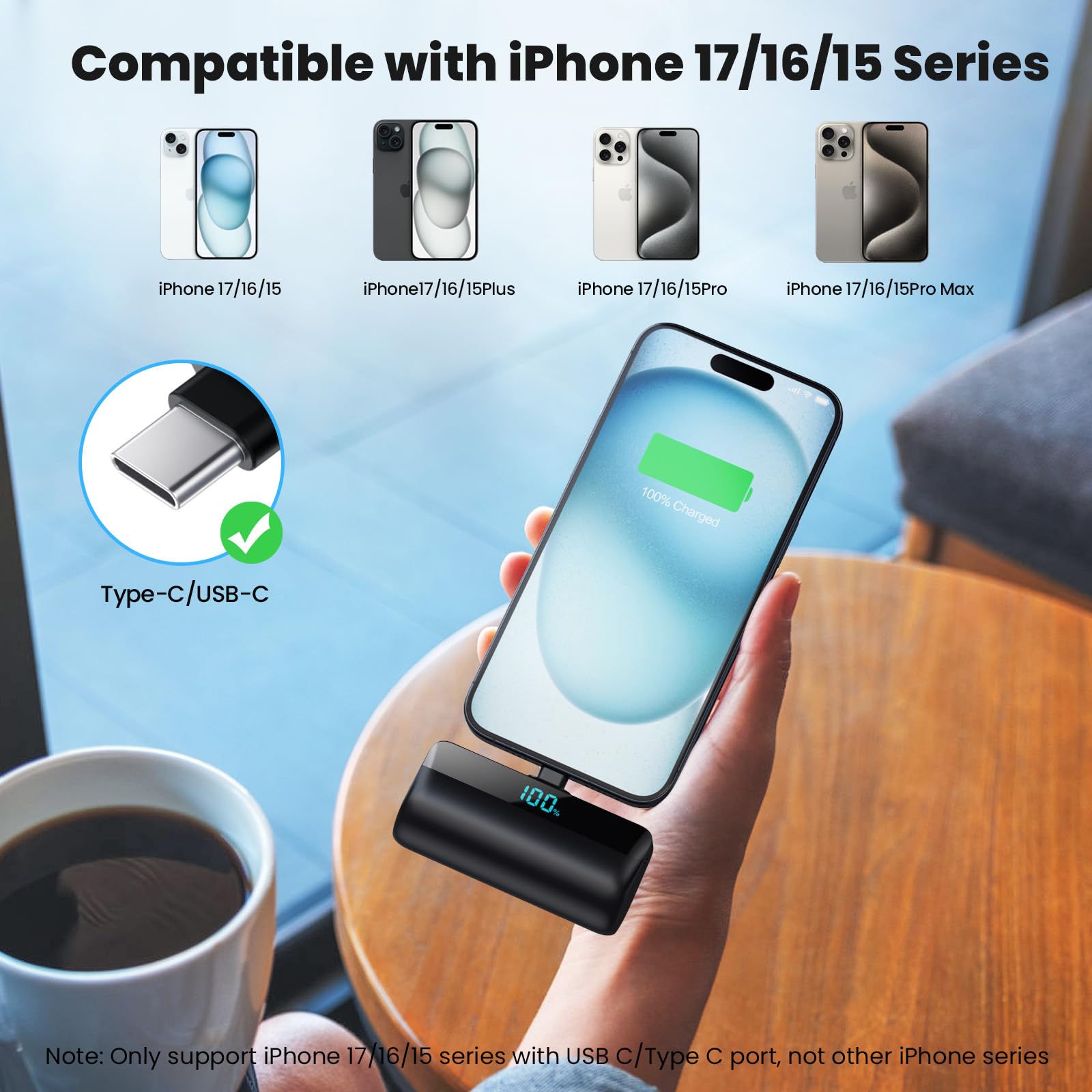 Feob Mini Power Bank per iPhone 17/16/15 Serie, 5200mAh PD 3A USB C Caricatore Portatile Ultra-Compatto Batteria Esterna Powerbank con LED Display Compatibile con iPhone 17/16/15, Samsung S25/S24 etc