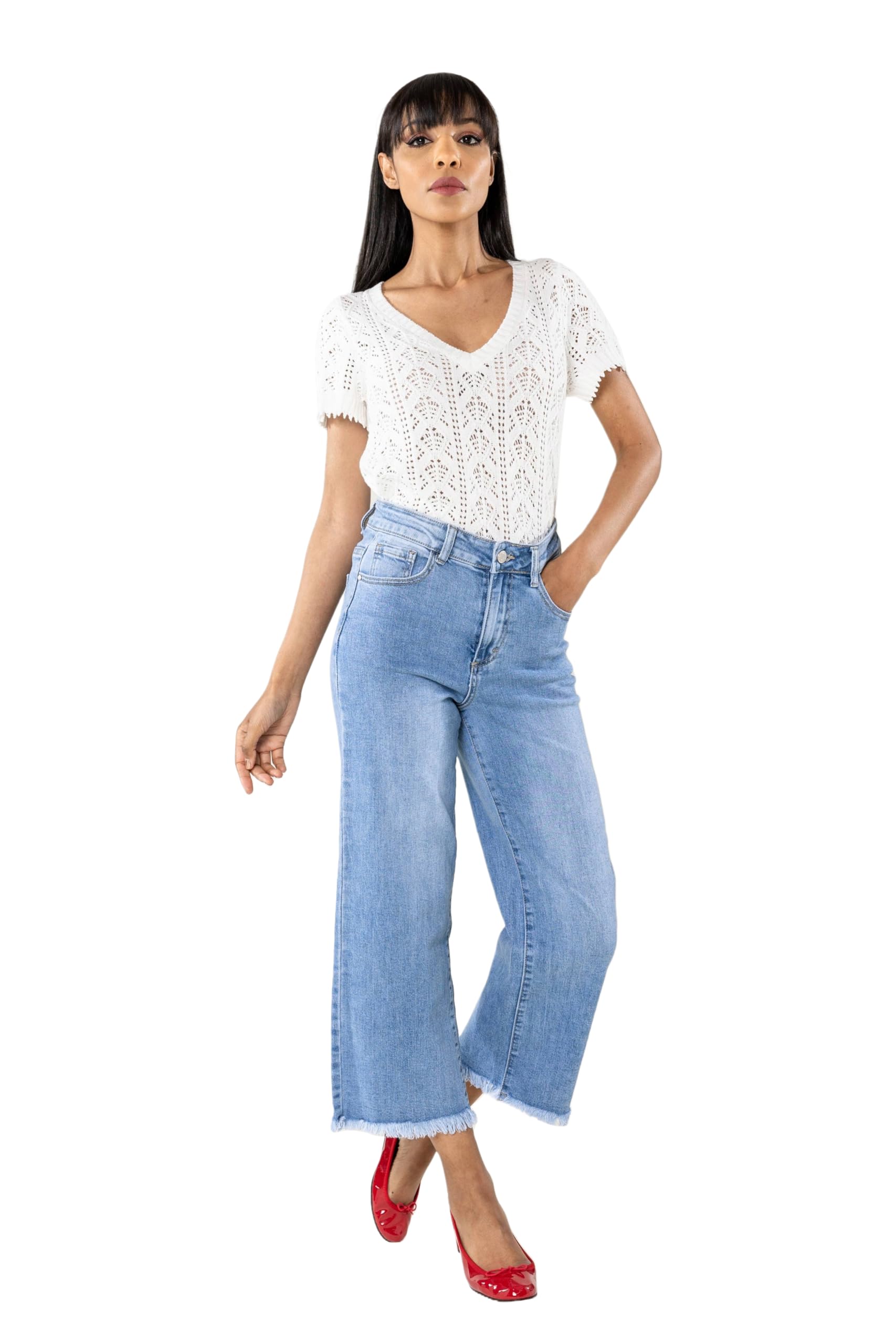 Nina Carter Q1850 Jeans da donna - 7/8 Cropped, vita alta, elasticizzati, svasati, look usato, sfilacciati