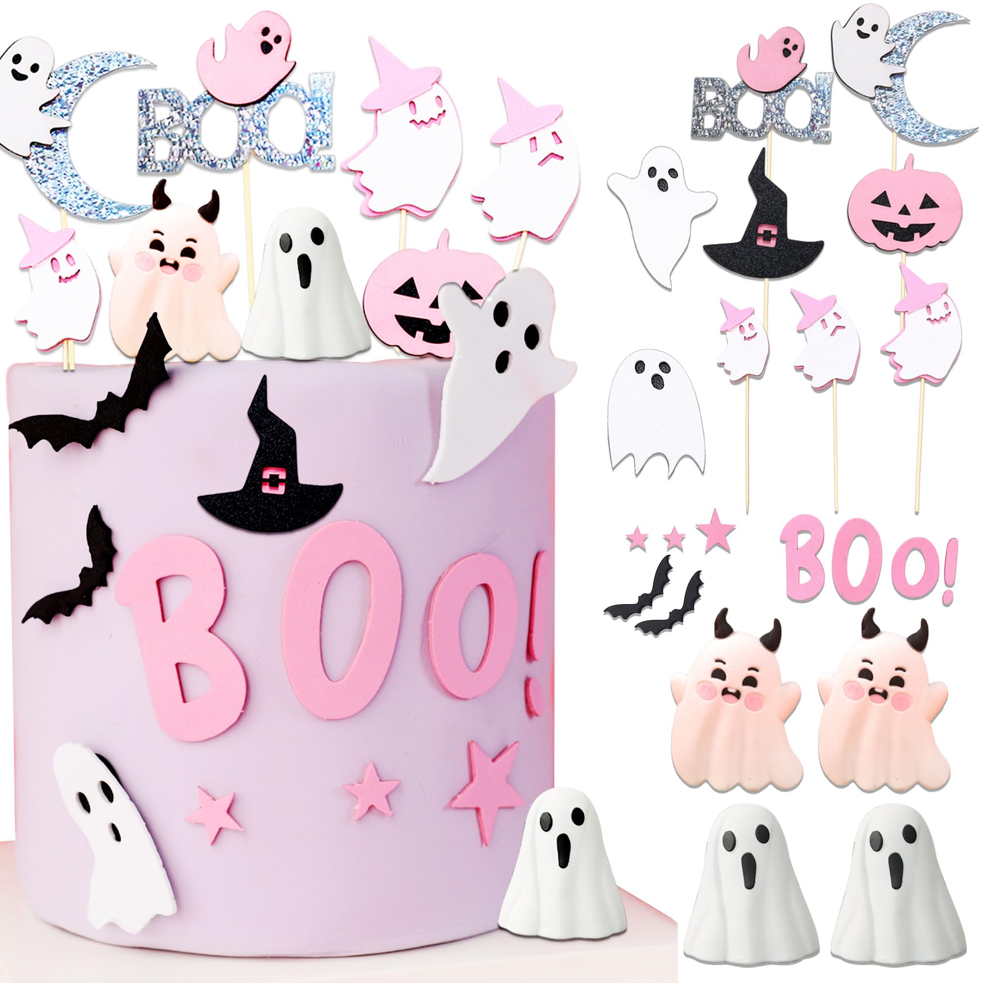 JeVenis Spooky One Cake Topper Pink Halloween Decor Pink Halloween Cupcake Toppers Little Boo Ghost Cake Decoration