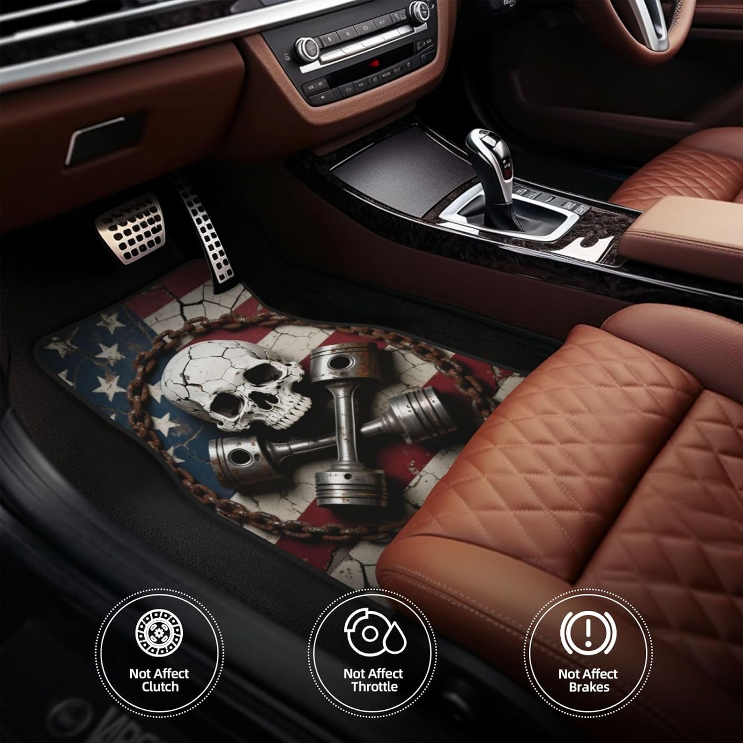 Luxury Boho Car Floor Mats Full Set | Car Decor for Women Men | Biker Skull Vintage Bohemian Pattern | Heavy Duty All-Weather Universal Rubber Liners | Non-Slip & Odor-Fre
