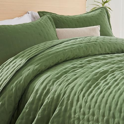 Miniatura 4 de Haglurom Juego de ropa de cama de 3 piezas, tamaño Queen, color verde oliva, colcha de microfibra suave y ligera, 90 x 98 pulgadas con 2 fundas de