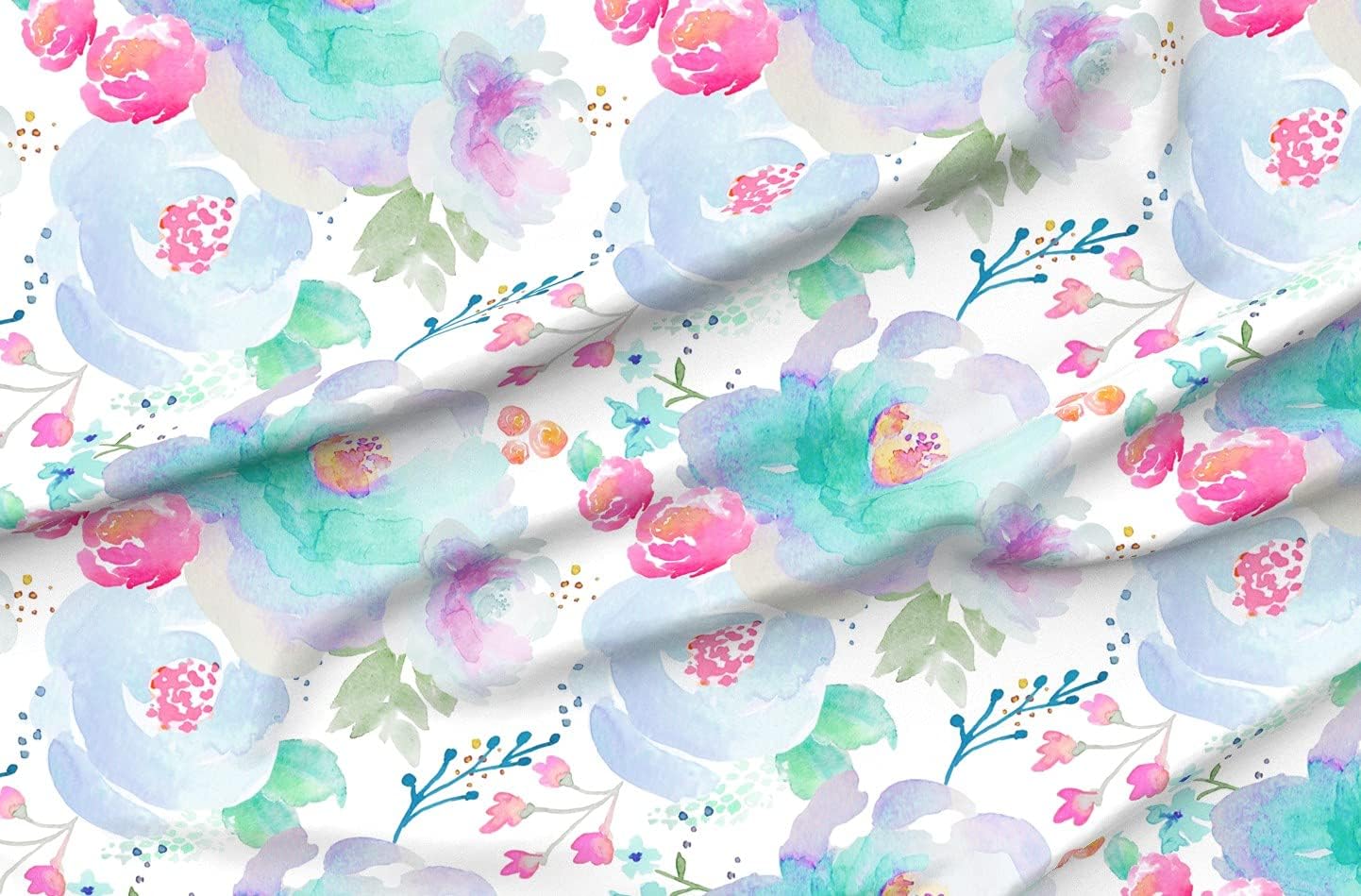 Spoonflower Fabric - Pink Blue Purple Botanical Abstract 90'S Retro Floral Water Color Printed on Organic Cotton Sateen Fabric by The Yard - Sewing Quilting Apparel Home Decor