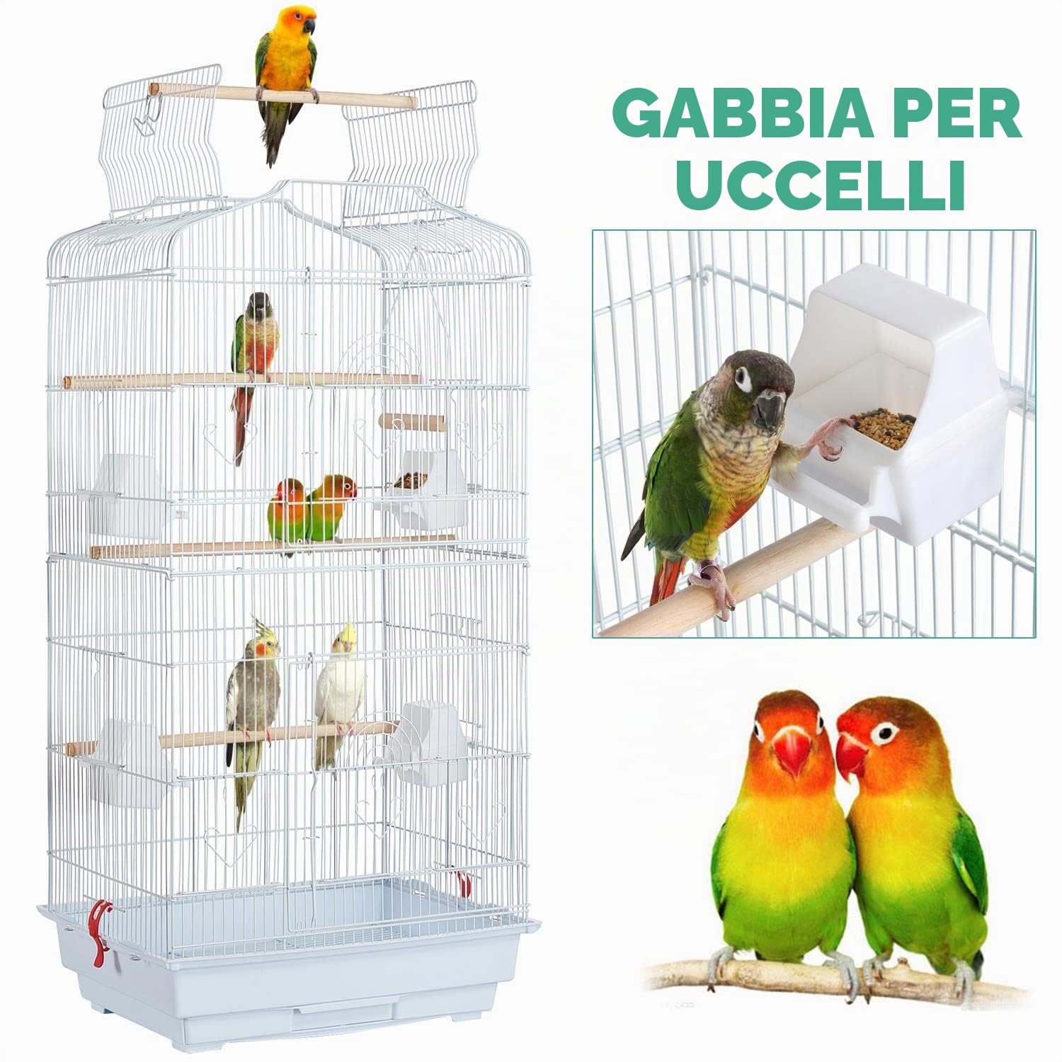 Yaheetech Gabbia Voliera per Uccelli Pappagalli Inseparabili Parrocchetti in Metallo e Posatoi in Legno 46 x 36 x 92 cm Bianca