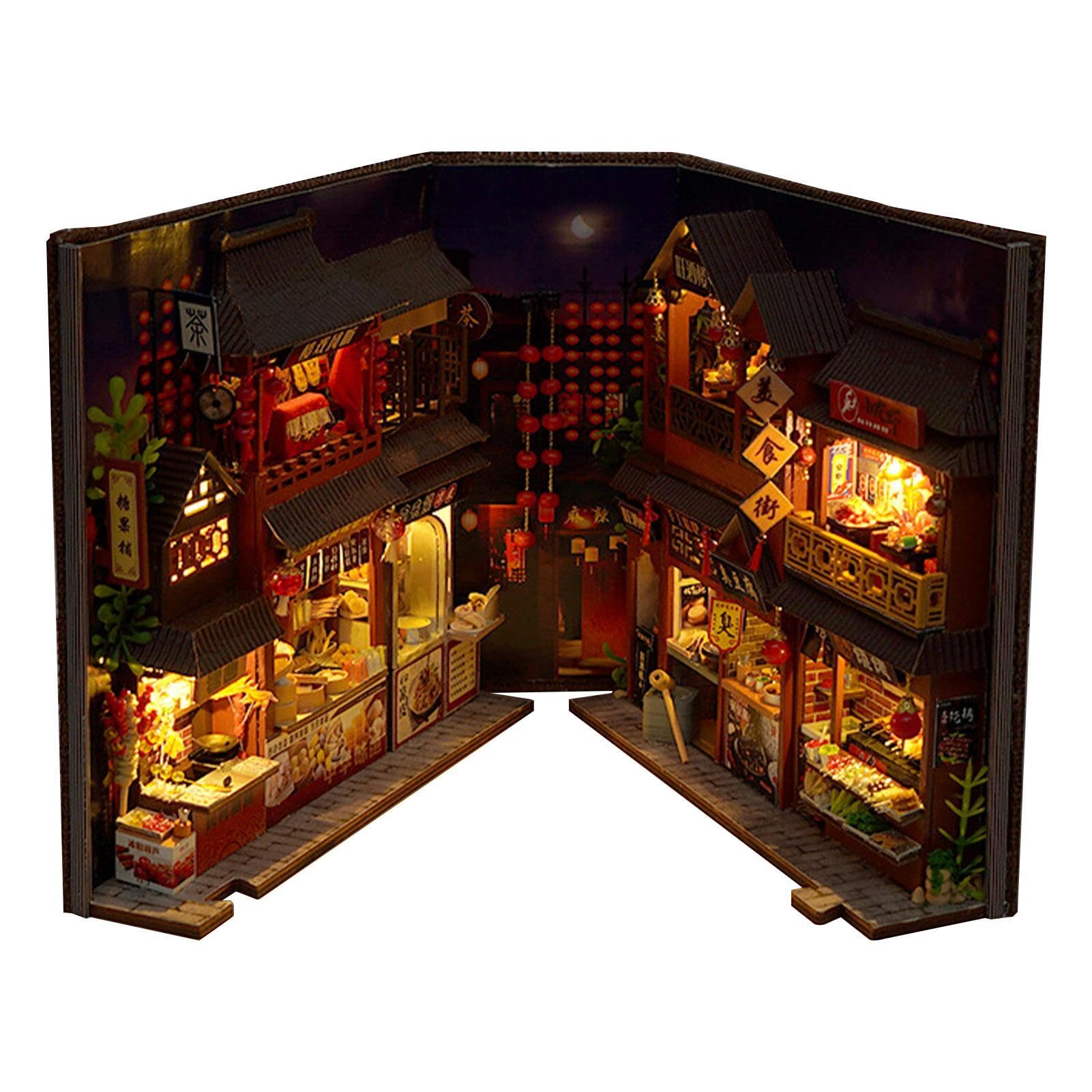 Sujetalibros De Rompecabezas De Madera, Rincón De Libros De Rompecabezas 3D, Kit De Rincón De Libros En Miniatura, Callejón Decorativo Con Inserción De Estantería, Decoración De Mesa Con Luz LED, Arte
