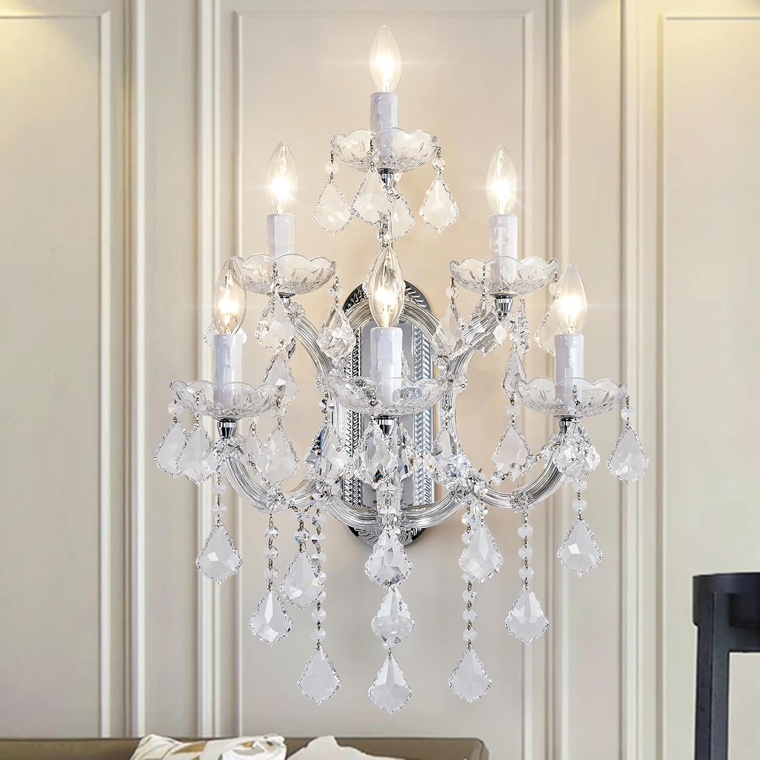 Modern Crystal Wall Sconce Lights- 6 Light Maria Theresa Crystal Wall Sconce Lighting Chrome Wall Lamp Chandelier Light Fixtures for Living Room Wall Sconce Light Wall Mounted Lamp 6-Light/Chrome