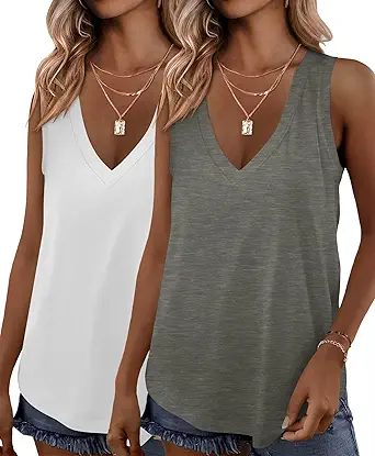 KKJ 2 Pack Womens Tank Tops Workout V Neck Tees Summer Sleeveless Loose Fit Casual Outfits Shirts Fall Fashion Clothes