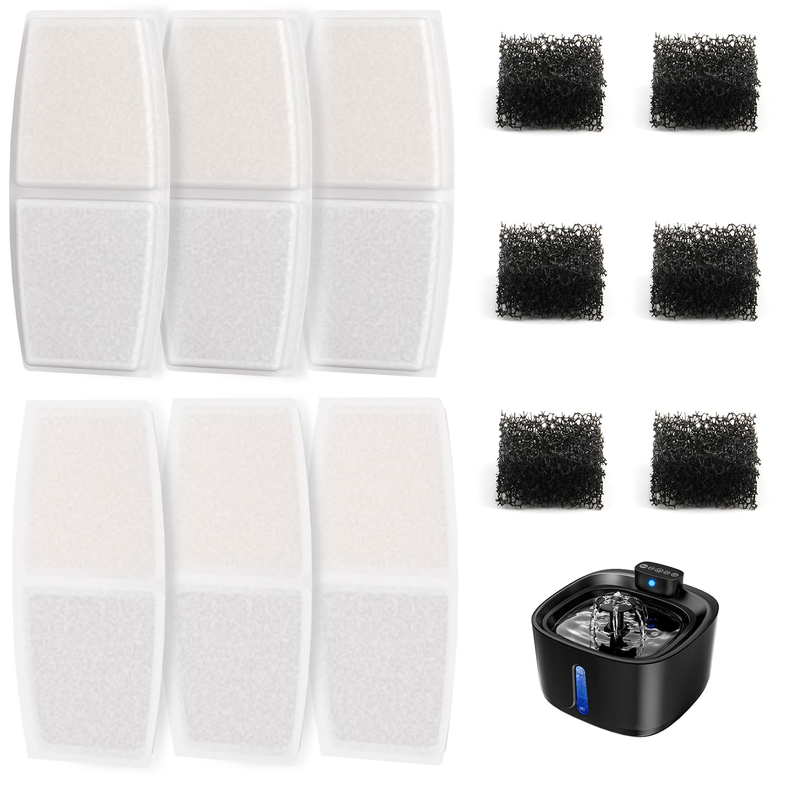 TOPPLEE Filtros Fuente para Gatos, 6 Filtros + 6 Esponjas, Filtros compatibles con Fuente para Gatos sin Cable TOPPLEE, Filtración de Pelo Flotante y Ablandamiento de Agua