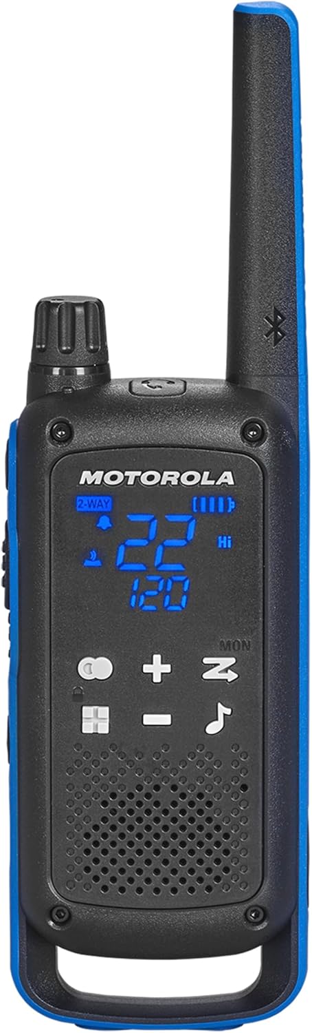 Motorola Solutions, Talkabout T802, Portable FRS Two Way Radio 8 Pack Walkie Talkies Blue/Black 22 Channels 4 Dual Charger Docks 8 PTT Earpieces