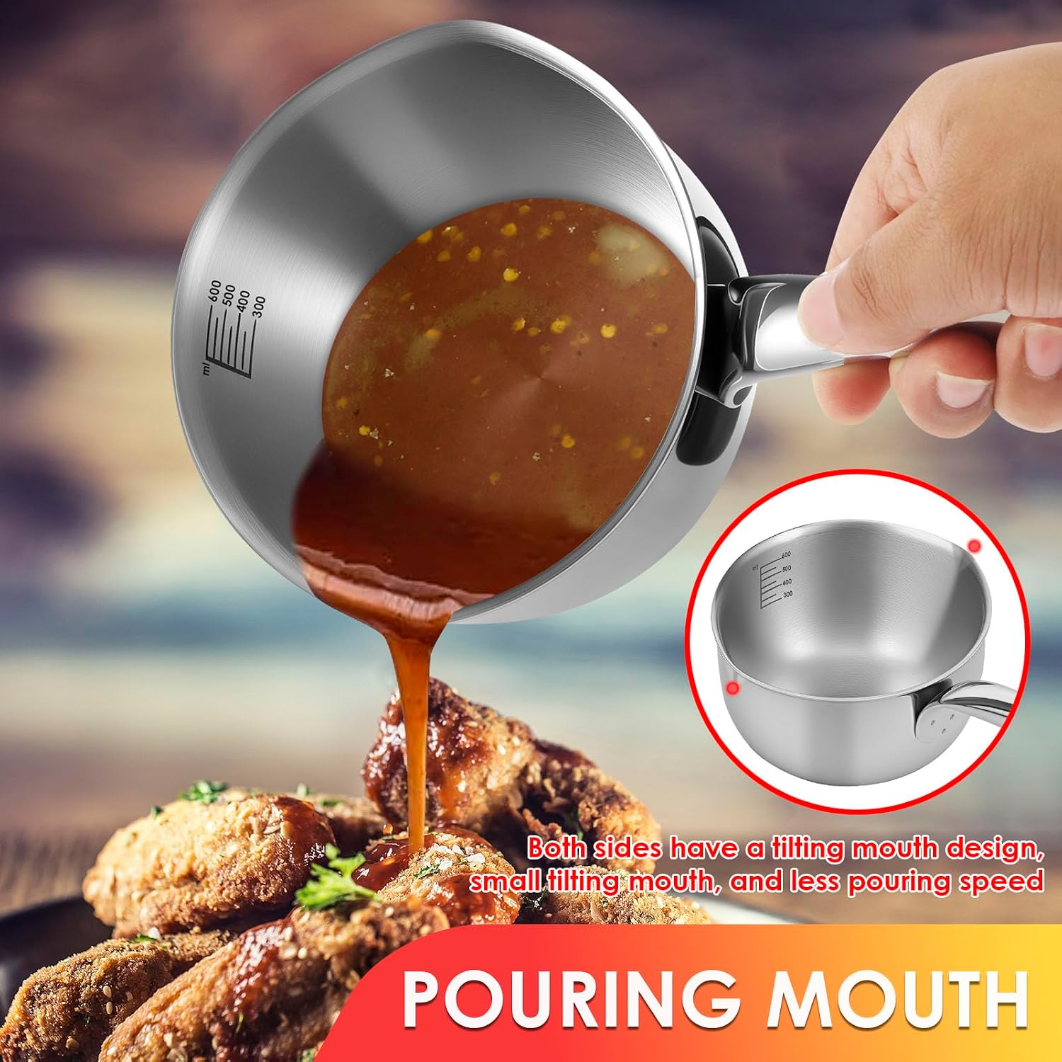 304 Stainless Steel Butter Warmer Measuring Pan, Milk Warmer Pot with Dual Pour Spouts, Induction Heavy Bottom Sauce Pan for Stove Top, Soup, Chocolate (600ml)