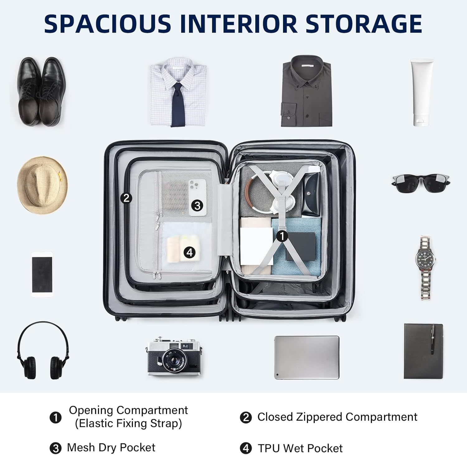 Hard Shell Suitcases Expandable Travel Luggage Sets 3 Piece, Carry on and Check in 3 Piece Luggage Suitcase Sets with Spinner Wheels Cup Holder Charger Built in (Black, 20/24/28)