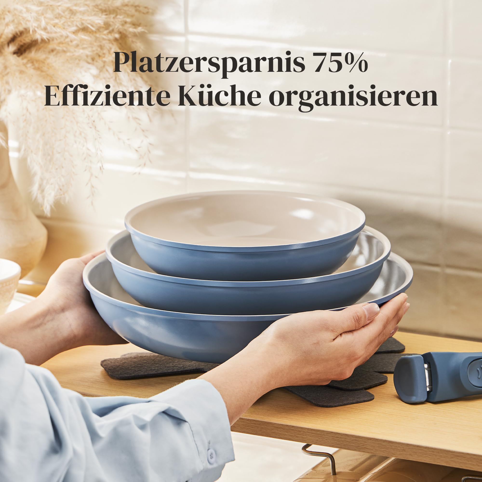 Redchef Zestaw patelni ze zdejmowanym uchwytem, patelnia indukcyjna, patelnia ceramiczna z powłoką zapobiegającą przywieraniu, 6-częściowy zestaw 20, 24, 28 cm oszczędzający miejsce, patelnie