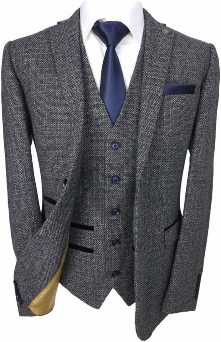 Men’s Tweed Textured Retro Suit Tailored Fit 3 Piece Wedding Outfit Set in Navy Blue & Grey, Chest 38R - Waist 30R
