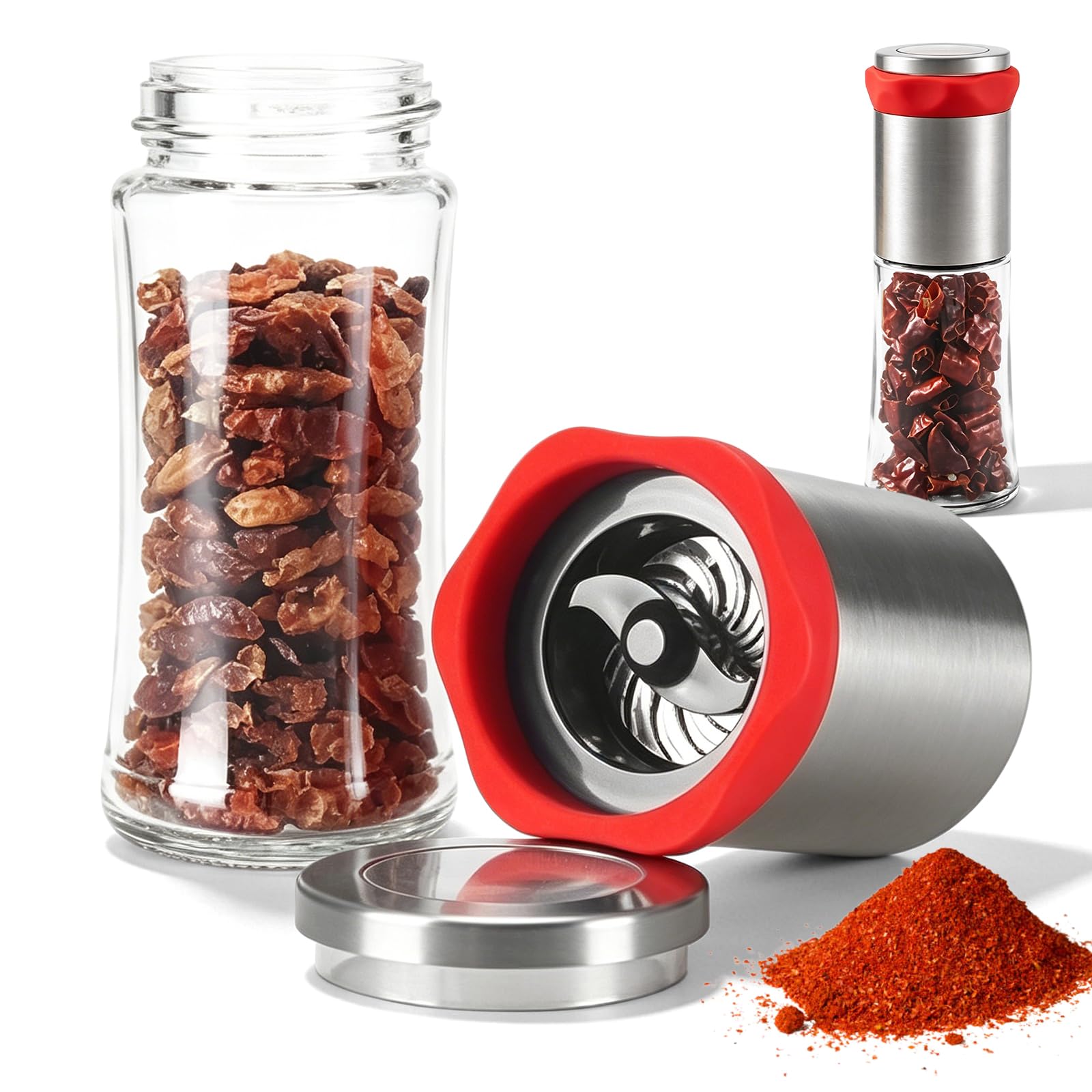 Chilimühle Edelstahl & Glas: 2 Stück 150ml Chilischneider für grobe Gewürze & Trockene Chilis, Chilimühle für Küche und Haushalt, Gewürzmühle Kräutermühle, Gewürzschneider Schneidwerk