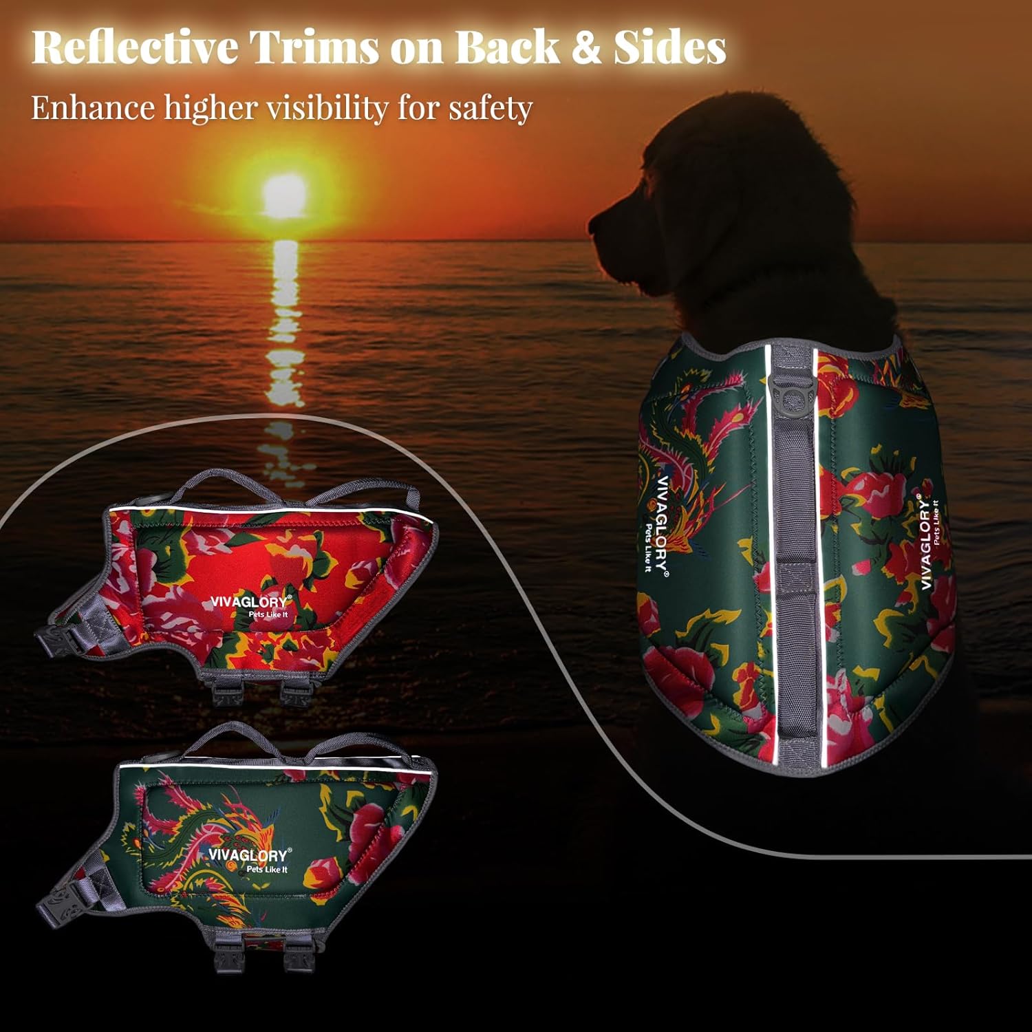 VIVAGLORY Lightweight Dog Life Jacket + Warm Dog Fleece Vest Jacket with Two-Way Zipper Opening, Neoprene Skin-Friendly, Northeast Florals