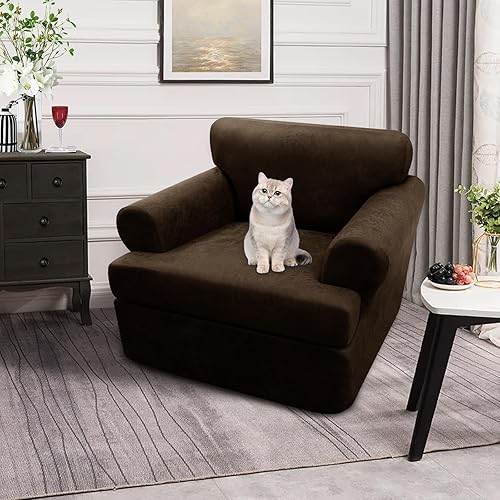 Miniatura 6 de Fundas elásticas para sillón con cojines en forma de T, 2 piezas, aspecto de cuero, protector de muebles con 1 funda individual para asiento con
