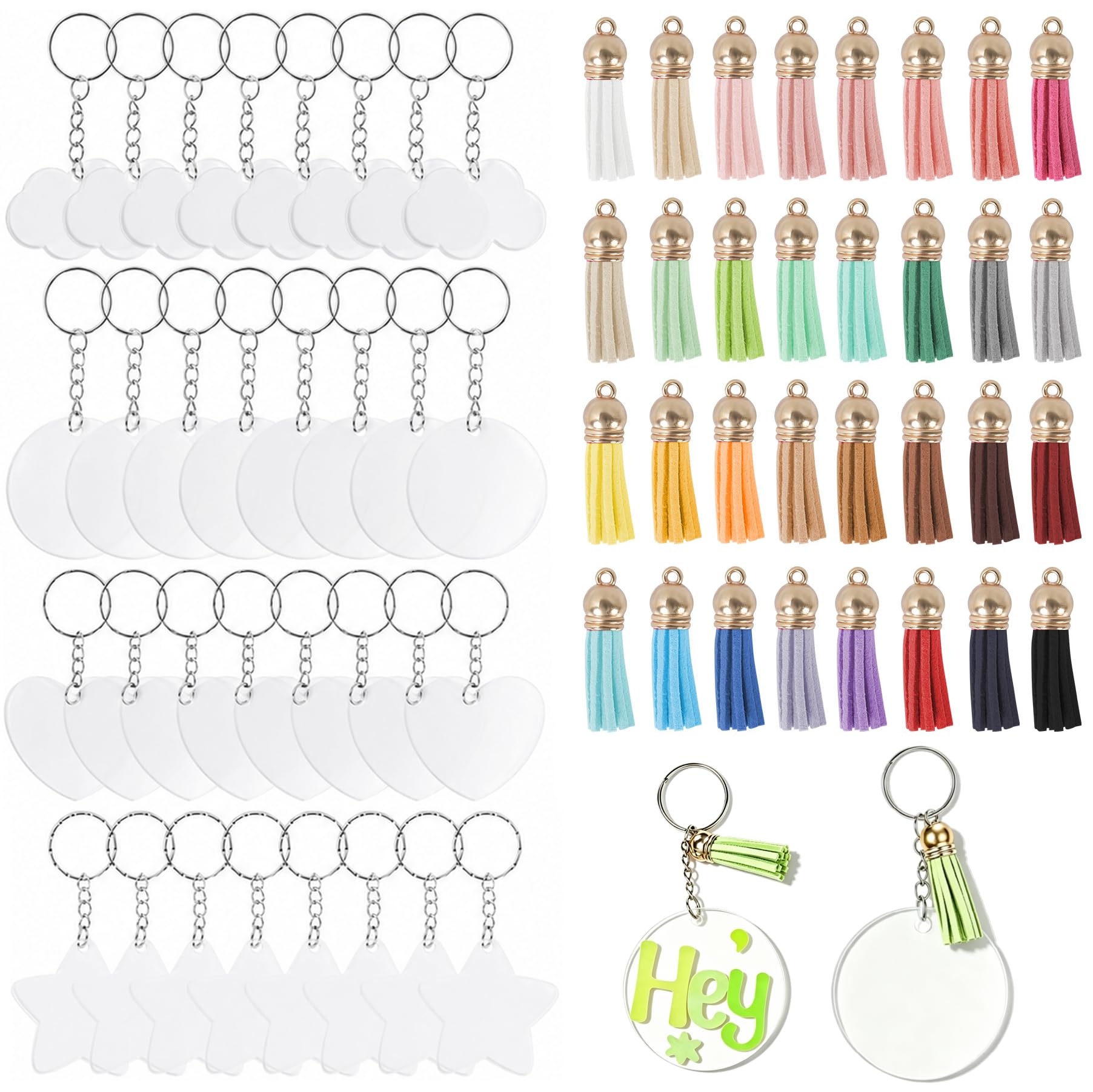 Annyswit 96 Pcs Keyring Making kit, 4 Styles Acrylic Blanks Keyring with Tassels Set, Transparent Acrylic Discs, Key Rings, Colourful Tassels for DIY Crafts and Keychain Making (32 Sets / 32 Colors)