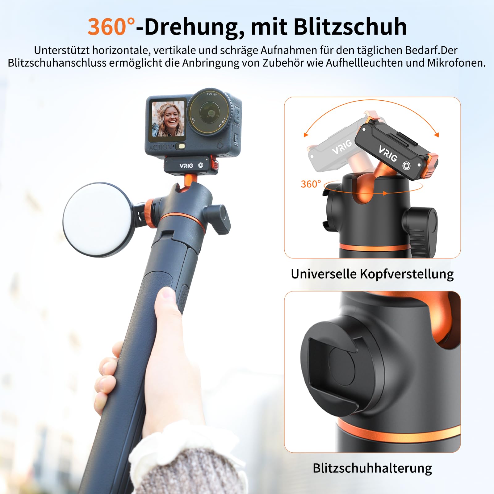 VRIG 140 cm Action Kamera Selfie Stick Stativ für DJI Osmo Nano/Action 6, Zweiwege-Magnetanziehung Schnellwechselhalterung, Ausziehbare Stange, Länge 33 bis 140 Zentimeter, AC-71