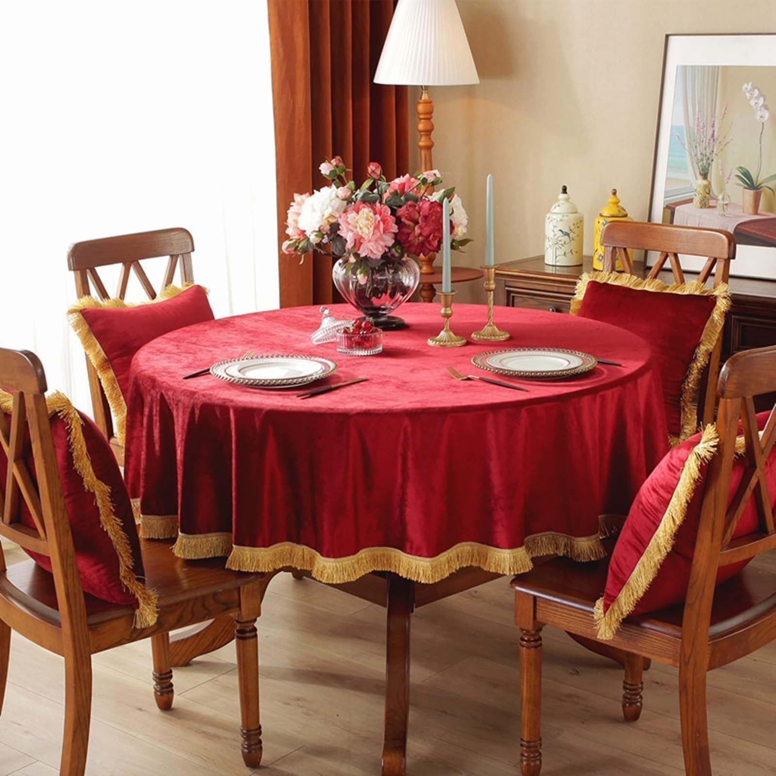 Tischtuch Rund 160 cm, Tischdecke Abwaschbar Polyester 2-4 Personen Einfarbiges Rot mit Quasten Tischdecke für Couchtisch