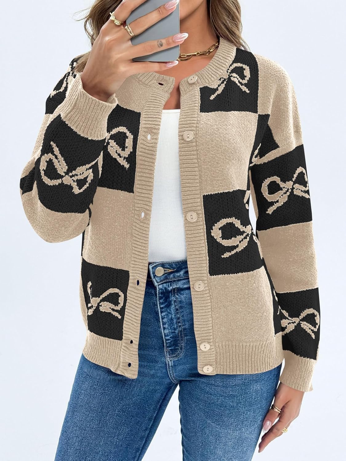 Saodimallsu Womens Checkered Sweater Bow Color Block Plaid Cardigan Long Sleeve Button Open Front Knit Coat - Image 2