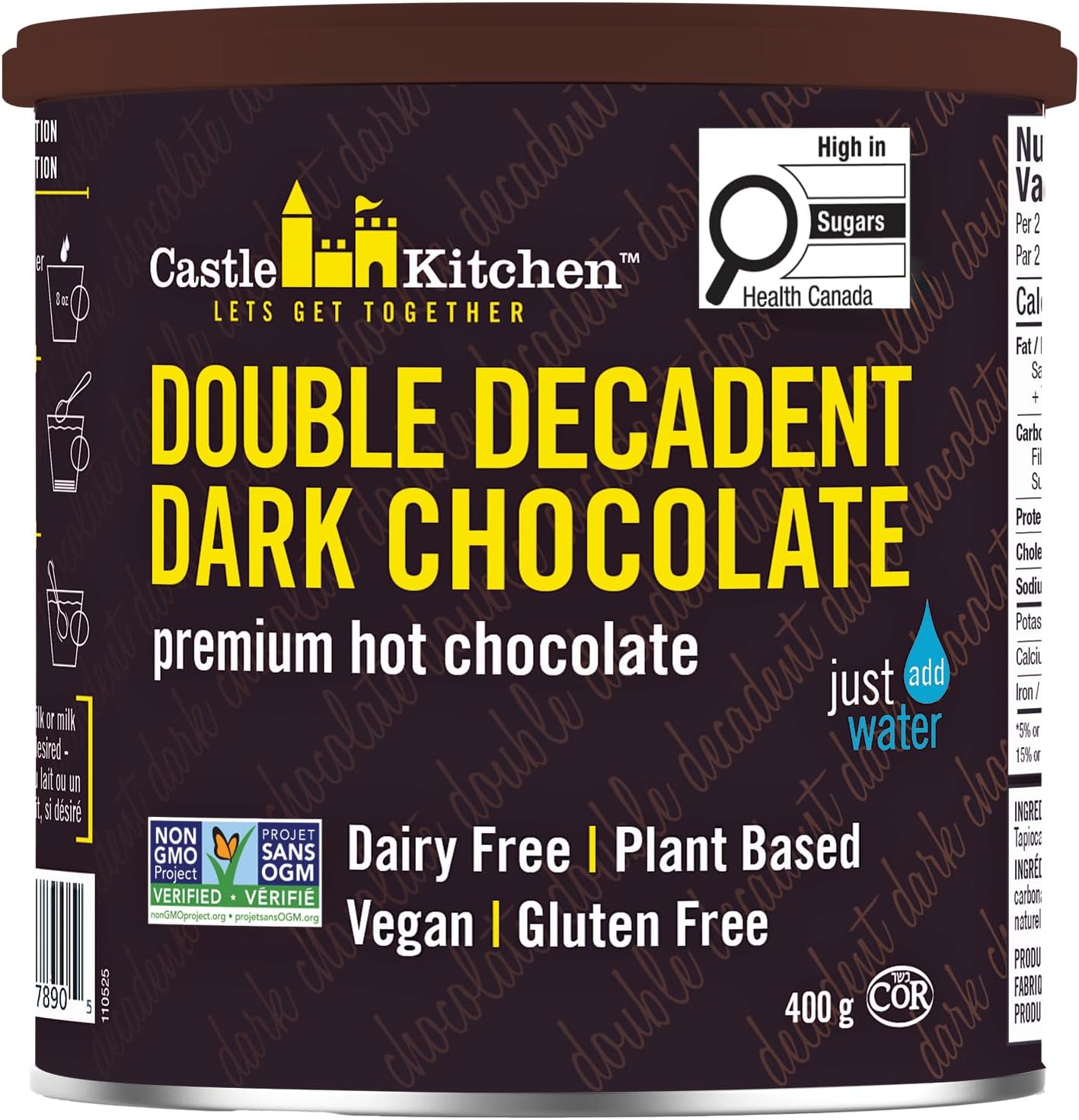 Castle Kitchen Double Dutch Dark Chocolate - Dairy-Free, Vegan Premium Hot Chocolate Mix - Just Add Water - 14 oz