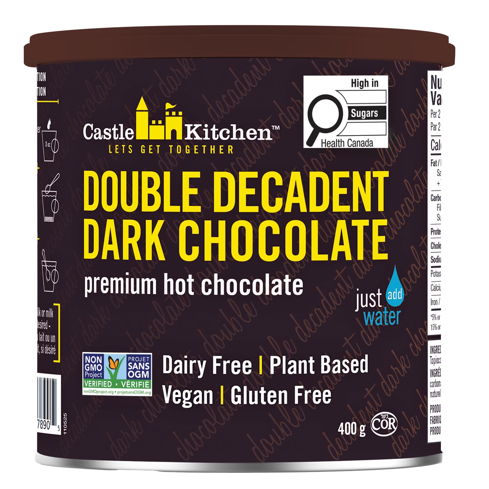 Castle Kitchen Double Decadent Dark Chocolate Hot Cocoa Mix-Dairy-Free, Vegan, Plant Based, Gluten-Free, Non-GMO Project Verified, Kosher Hot Chocolate-Just Add Water-14 oz Tin