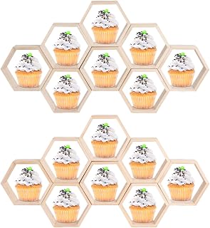 16Pcs Mini Honeycomb Cupcake Stand, Wooden Hexagon Cake Stand Dessert Display Cupcake Holder with 4 Sheets Glue Point Dots, Farmhouse Hexagonal Floating Table Sign for Birthday Party (Wooden)