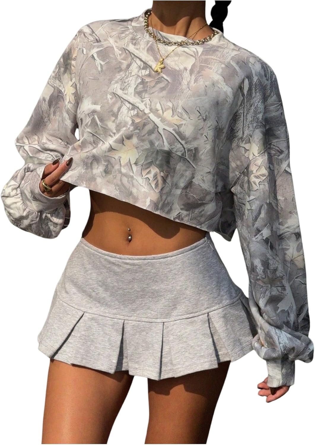 Women's Y2k Camo Print Crop Crewneck Sweatshirt Long Sleeve Drop Shoulder Vintage Pullover Tops