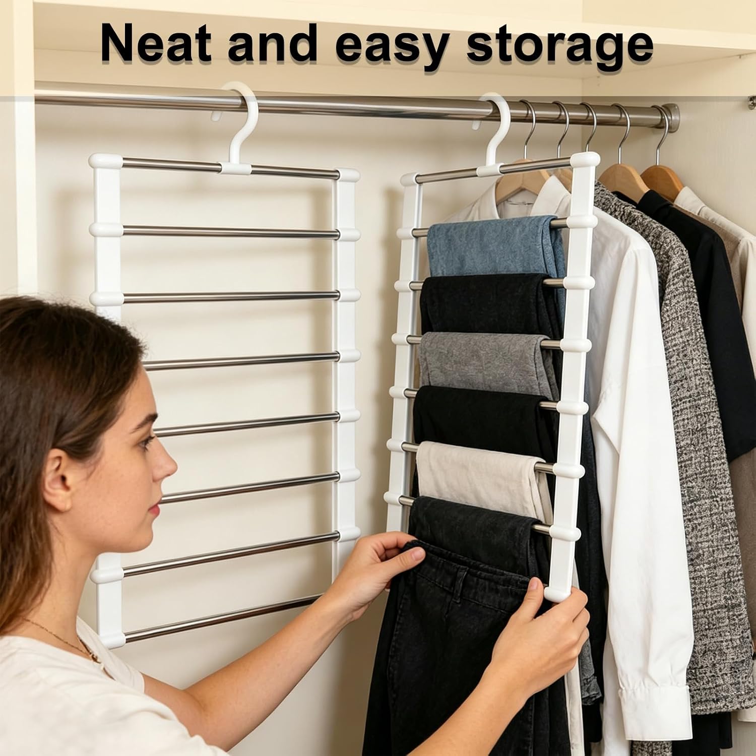 8 Pack Foldable Multi-Layer Pants Hanger - Plastic Non-Slip Closet Organizer for Jeans, Leggings, and Scarves - Space-Saving Clothing Storage Rack