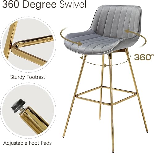 Miniatura 4 de Zouron Juego de 2 taburetes de bar giratorios de 29 pulgadas de altura de barra con respaldo alto, taburetes de isla de cocina de terciopelo con