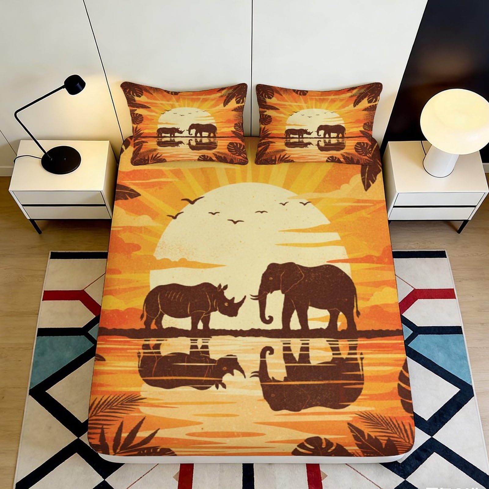 3D Printed Sunset Safari Fitted Sheet Microfiber Soft African Wildlife Elephant Rhino Mattress Cover Bedroom Decor 90x200x25cm