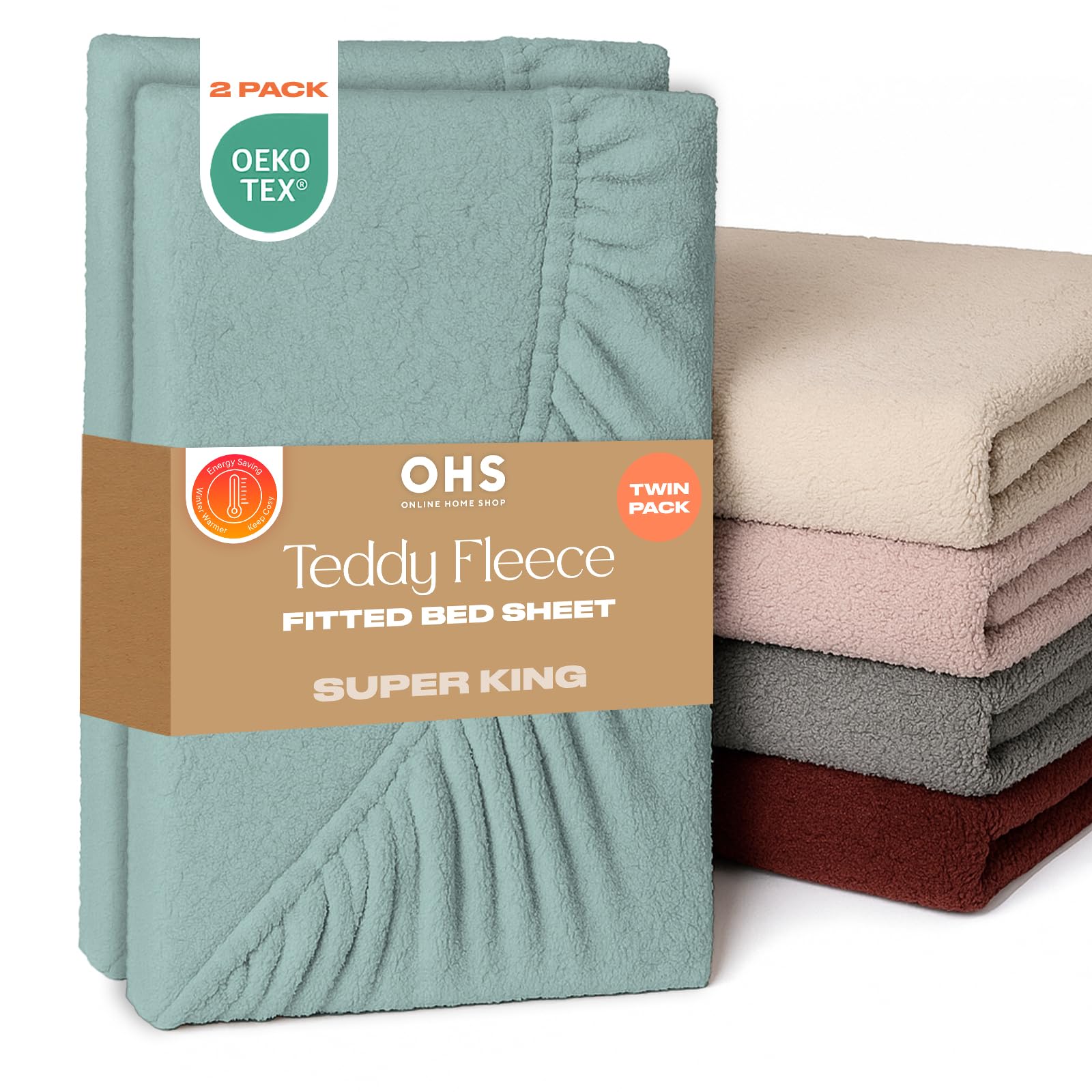 Brentfords Duck Egg Teddy Fleece Fitted Sheet Super King 2 Pack, Soft Warm Thermal Teddy Bear Bedding Deep Pocket 25Cm Fade Resistant Cuddly Cosy Fluffy 2 Pack Fitted Sheet, - Super King