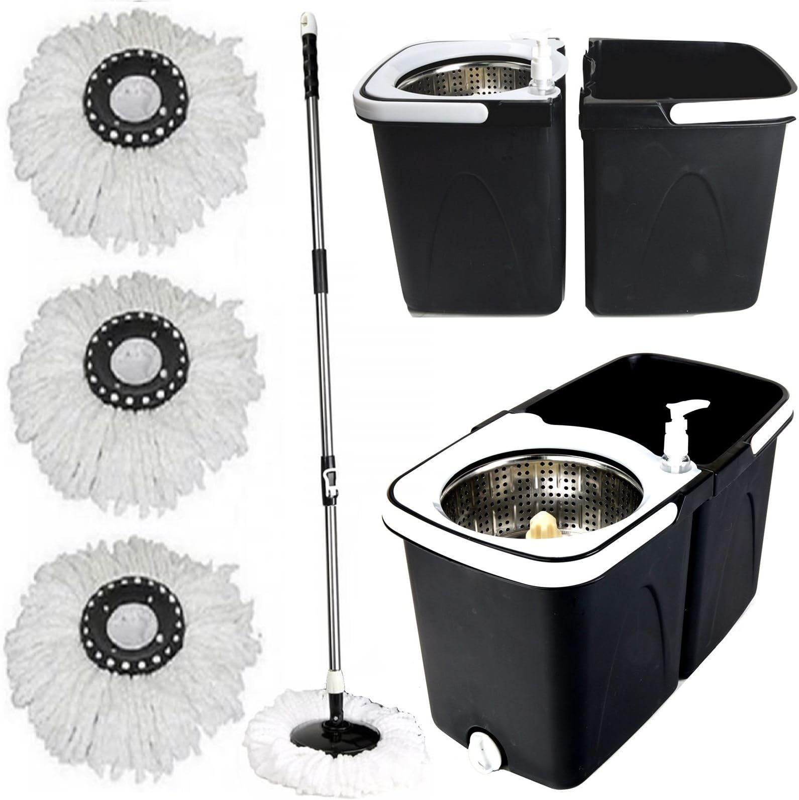 Gr8 Home Black Space Saving 360° Dual Duo Floor Spin Mop Dispenser Bucket Set Spinning Rotating with 3 Cleaning Dry Heads