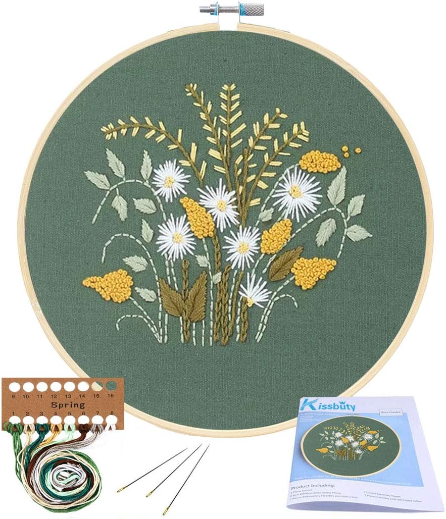 Full Range of Embroidery Starter Kit with Pattern, Kissbuty Cross Stitch Kit Including Embroidery Fabric with Floral Pattern, Bamboo Embroidery Hoop, Color Threads and Tools Kit (Flowers Plants)