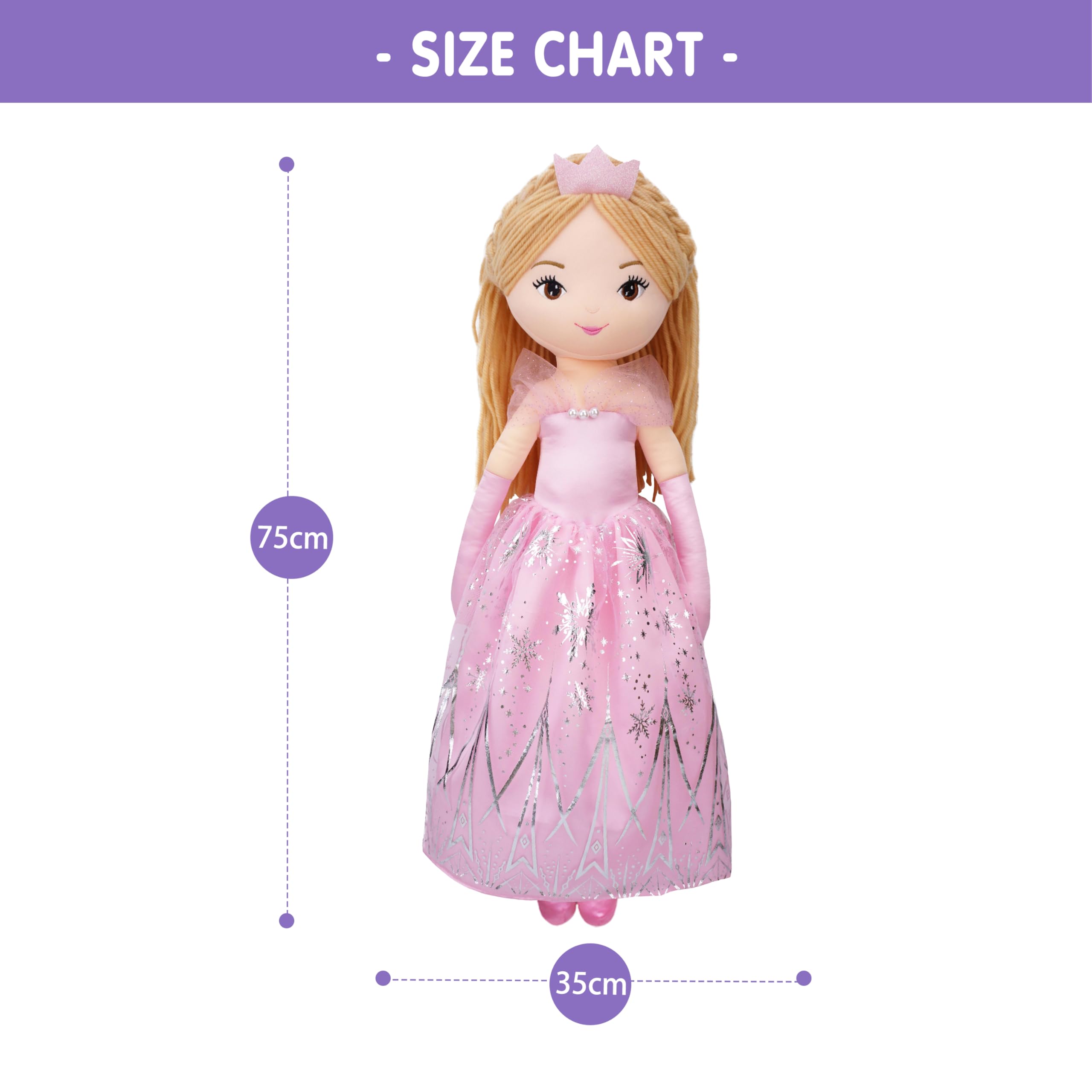75 cm große XL Prinzessin Seraphina Rainbowdream weiche Stoffpuppe – Entzückende gefüllte lebensgroße Puppe Geschenk für Mädchen – rosa Kleid