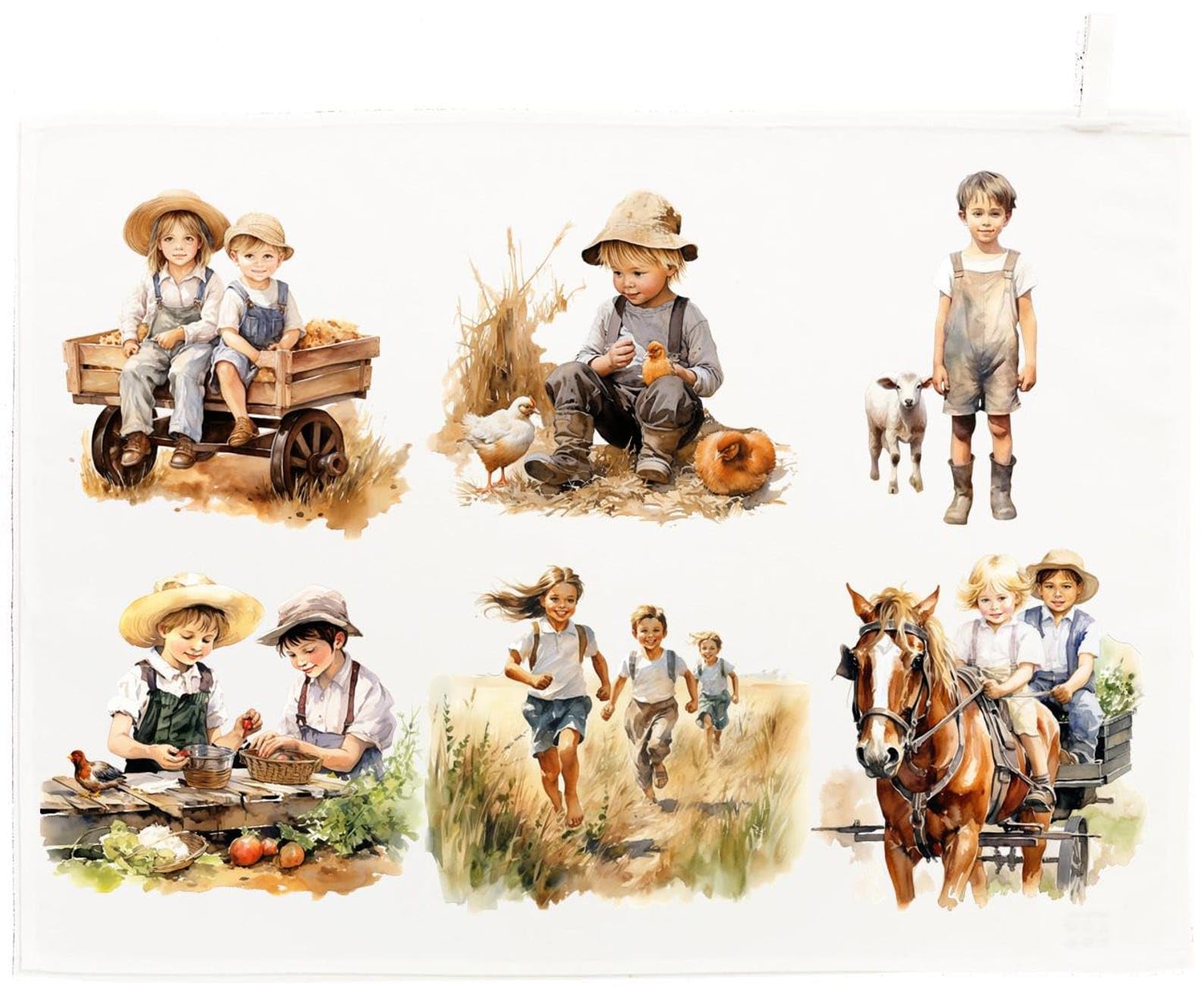 Rustic Kids and Animals Cotton Tea Towel