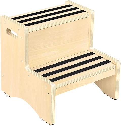 Taburete de madera natural para niños pequeños, antideslizante y resistente, de dos escalones, con asas, almohadillas antideslizantes para niños