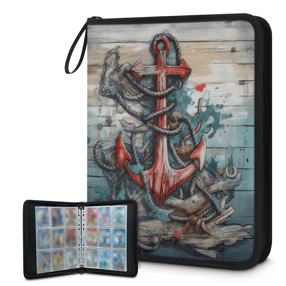 Carpeta de tarjetas coleccionables de 9 bolsillos de madera con ancla para tarjetas, álbum de tarjetas con fundas extraíbles, libro de tarjetas impermeable con cremallera, capacidad para 50 páginas y
