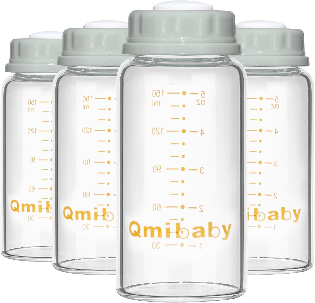 Natural Glass Baby Bottle 150ml 5oz Standard Neck Breast Milk Storage Bottles Compatible with Medela Breast Pumps for Breastmilk Storage Bottle Breastfeeding BPA-Free 4 Pack (Grey Lids)