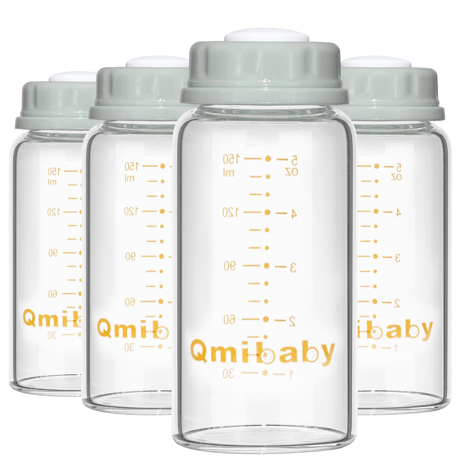 Natural Glass Baby Bottle 150ml 5oz Standard Neck Breast Milk Storage Bottles Compatible with Medela Breast Pumps for Breastmilk Storage Bottle Breastfeeding BPA-Free 4 Pack (Grey Lids)