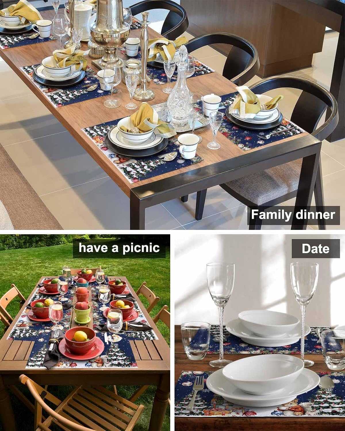 Christmas Poinsettia Placemats Set of 4, Xmas Snowman Squirrel Navy Blue Woven Placemat Washable Wipeable Floral Table Placemat with Pocket, Flower Holiday Cloth Table Mat for Party Kichen Dinner