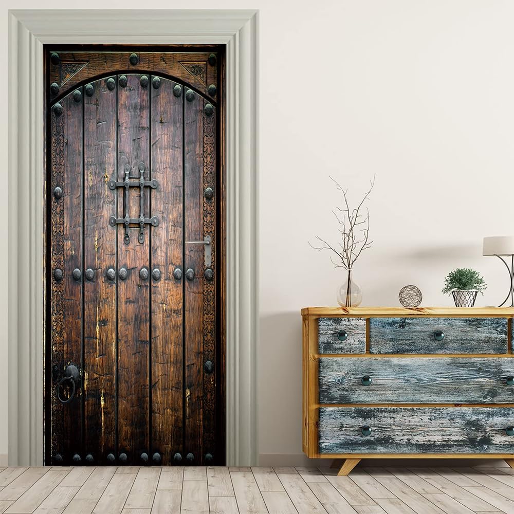 3d door stickers murals peel and stick - wooden door - wallpaper self-adhesive decals removable pvc waterproof poster for bedroom living room wall decoration 30.3" x 78.7" wooden door 30.3 x 78.7 inch