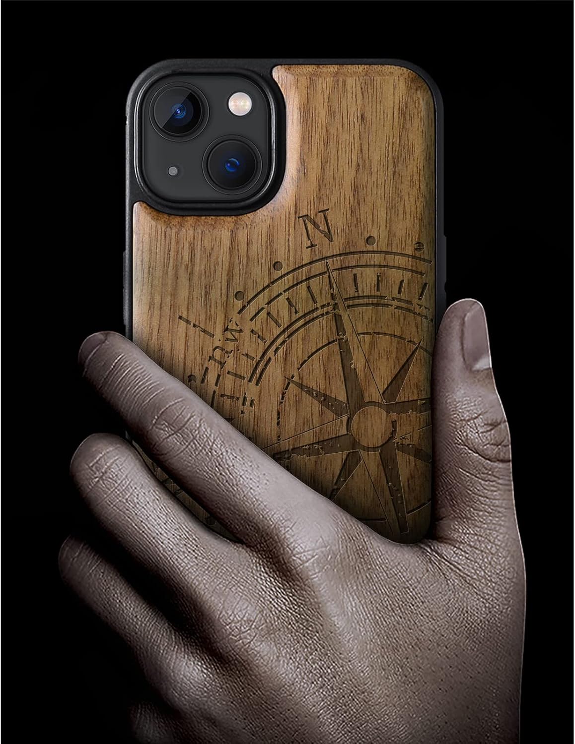 Carveit Magnetic Wood Case for iPhone 13 Case [Hard Real Wood & Soft TPU] Unique & Classy Wooden Shockproof Hybrid Protective Cover Compatible with MagSafe (Vintage Compass Carving-Walnut)