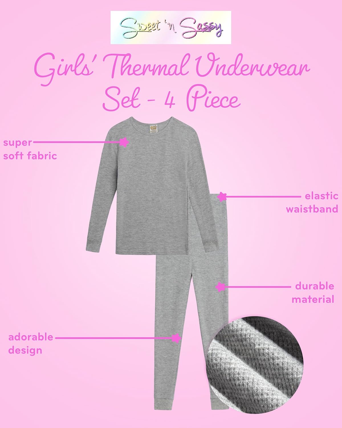 Sweet & Sassy Girls Thermal Underwear Set - 4 Piece Waffle Knit Thermal Long Sleeve and Long Johns Base Layer (Sizes 2T-16)