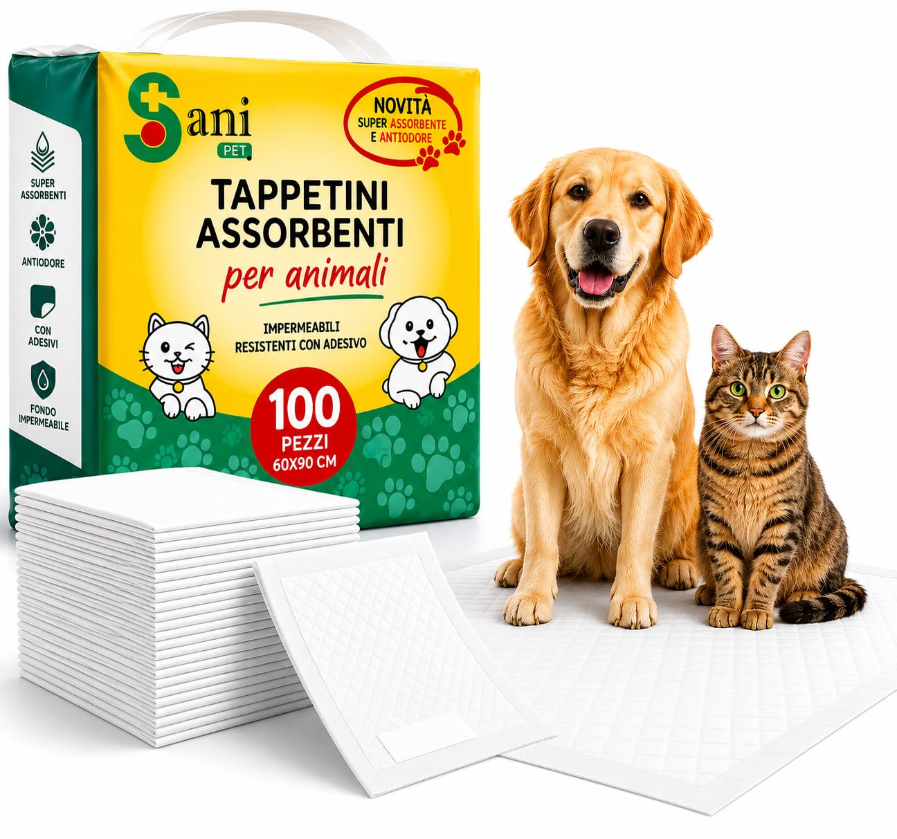 SANI PET Traverse Assorbenti 60x90 cm 100 Pezzi | Tappetini Igienici per Cani e Gatti | Adesivi Extra Lunghi | Antiodore | Fondo Impermeabile