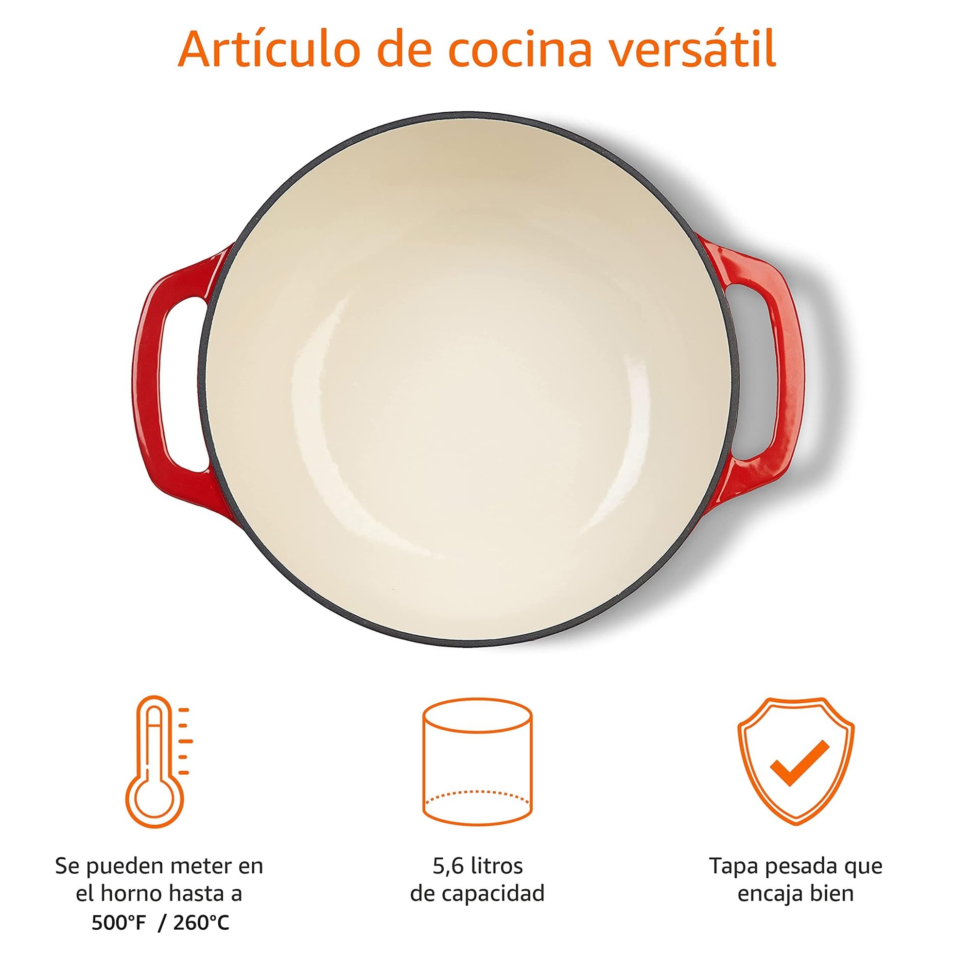 Amazon Basics Redondo Horno holandés de hierro fundido esmaltado, 5.7 L, Rojo — view 2
